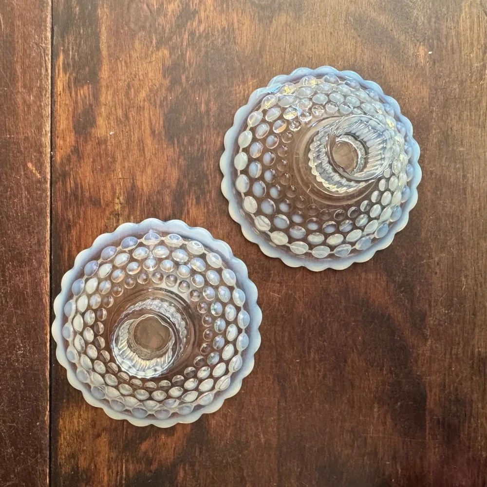 Pair (2) Vintage Opalescent Hobnail Candle Holders Clear‎ Glass Candlestick